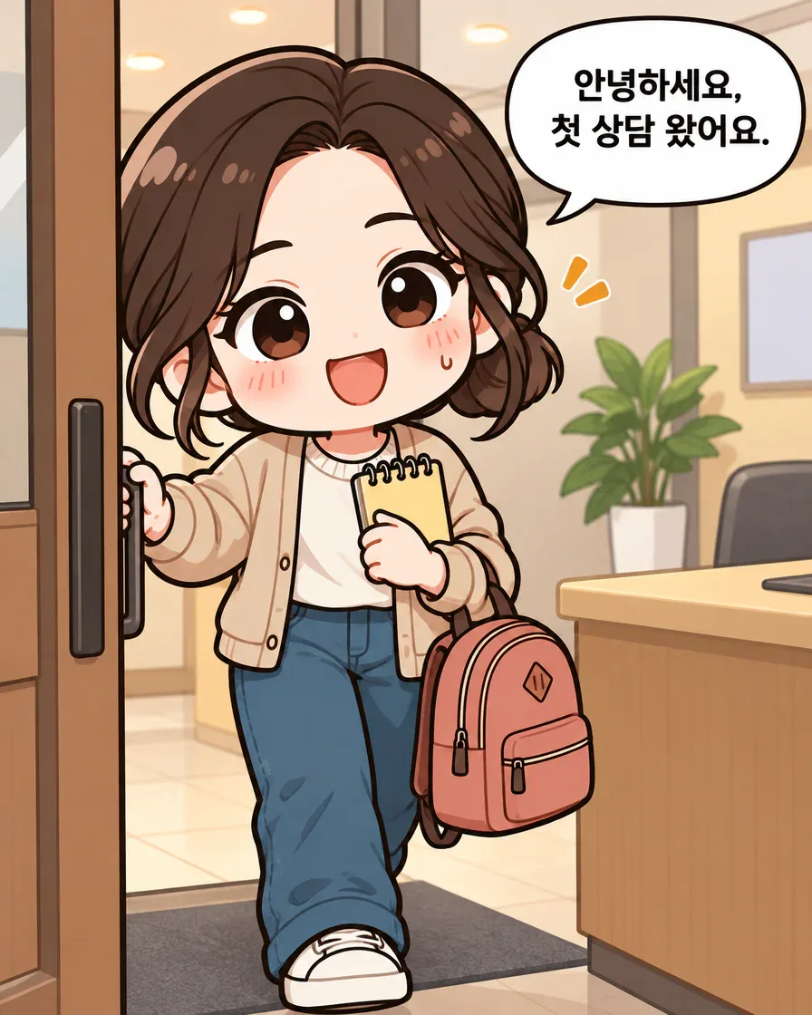 가상 학부모 민이 분홍 책가방과 메모장을 들고 첫 학원 상담에 들어오는 장면