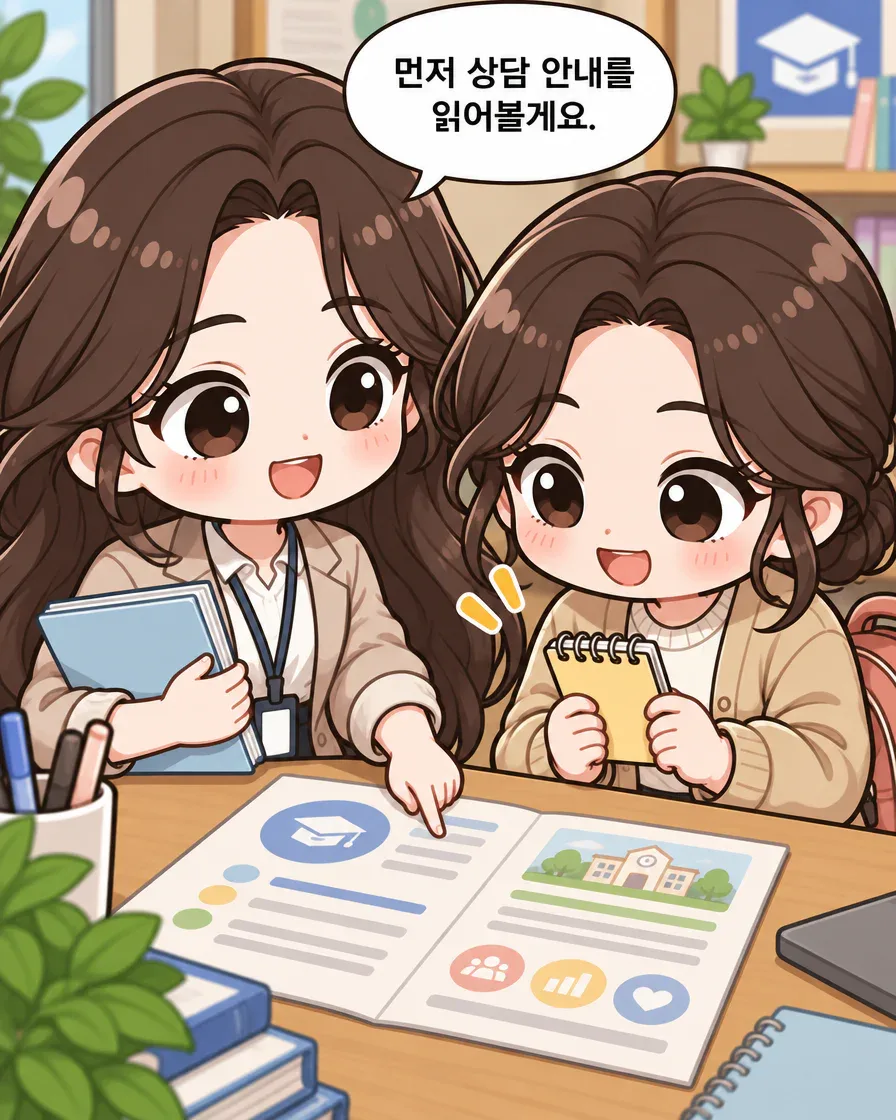 다온이 상담 안내 자료를 가리키며 먼저 함께 읽자고 하는 장면
