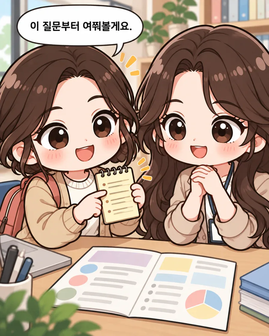 민이 메모한 첫 질문을 가리키고 다온이 귀 기울이는 장면