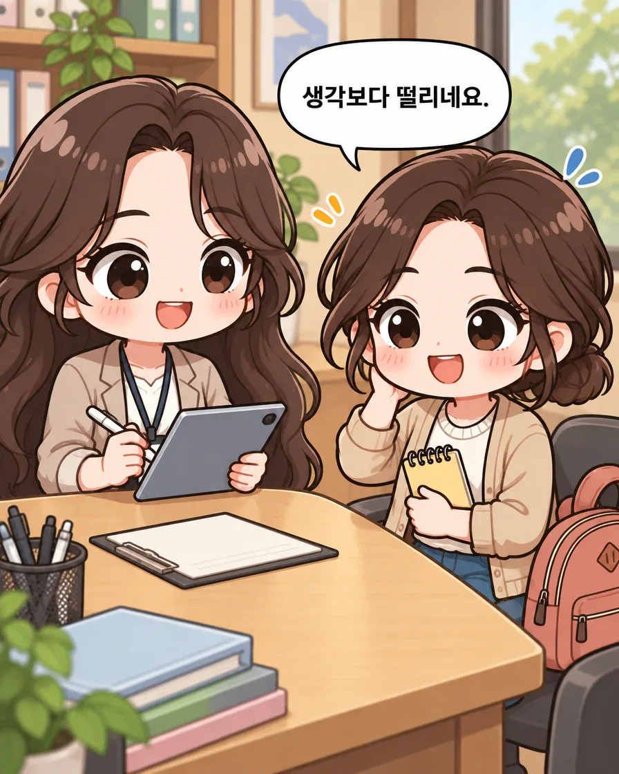 학원 상담 테이블에 앉은 민이 생각보다 떨린다고 말하는 장면