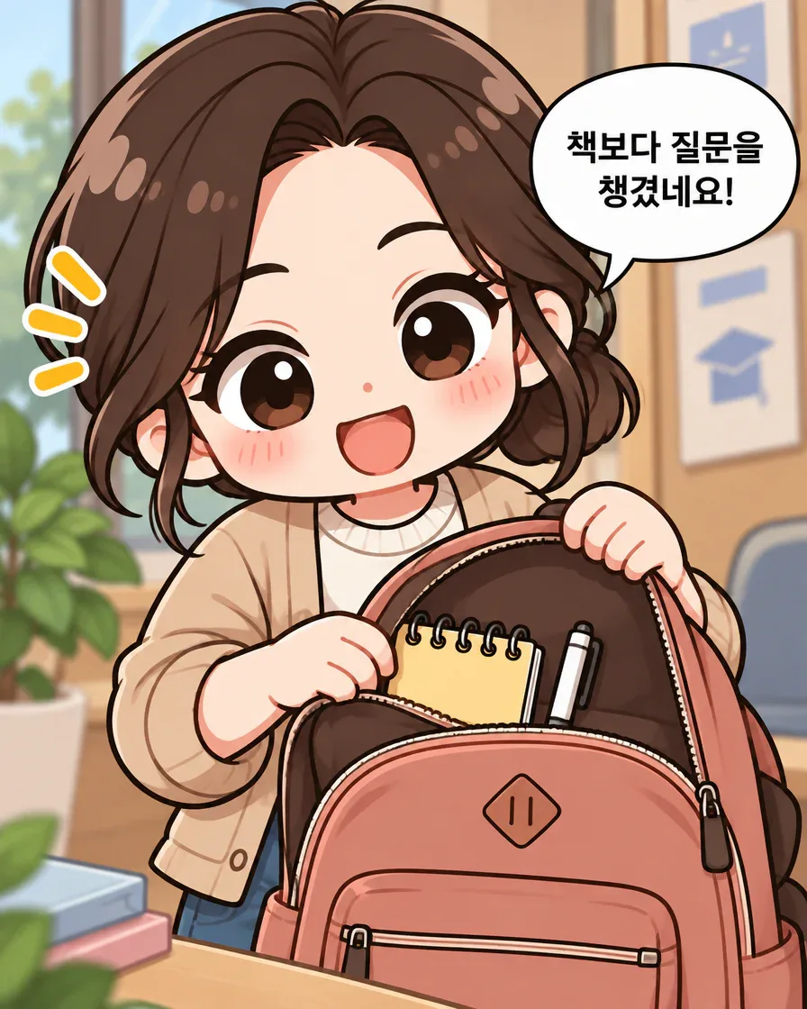 민이 가방 속 메모장을 보여주며 책보다 질문을 챙겼다고 웃는 장면
