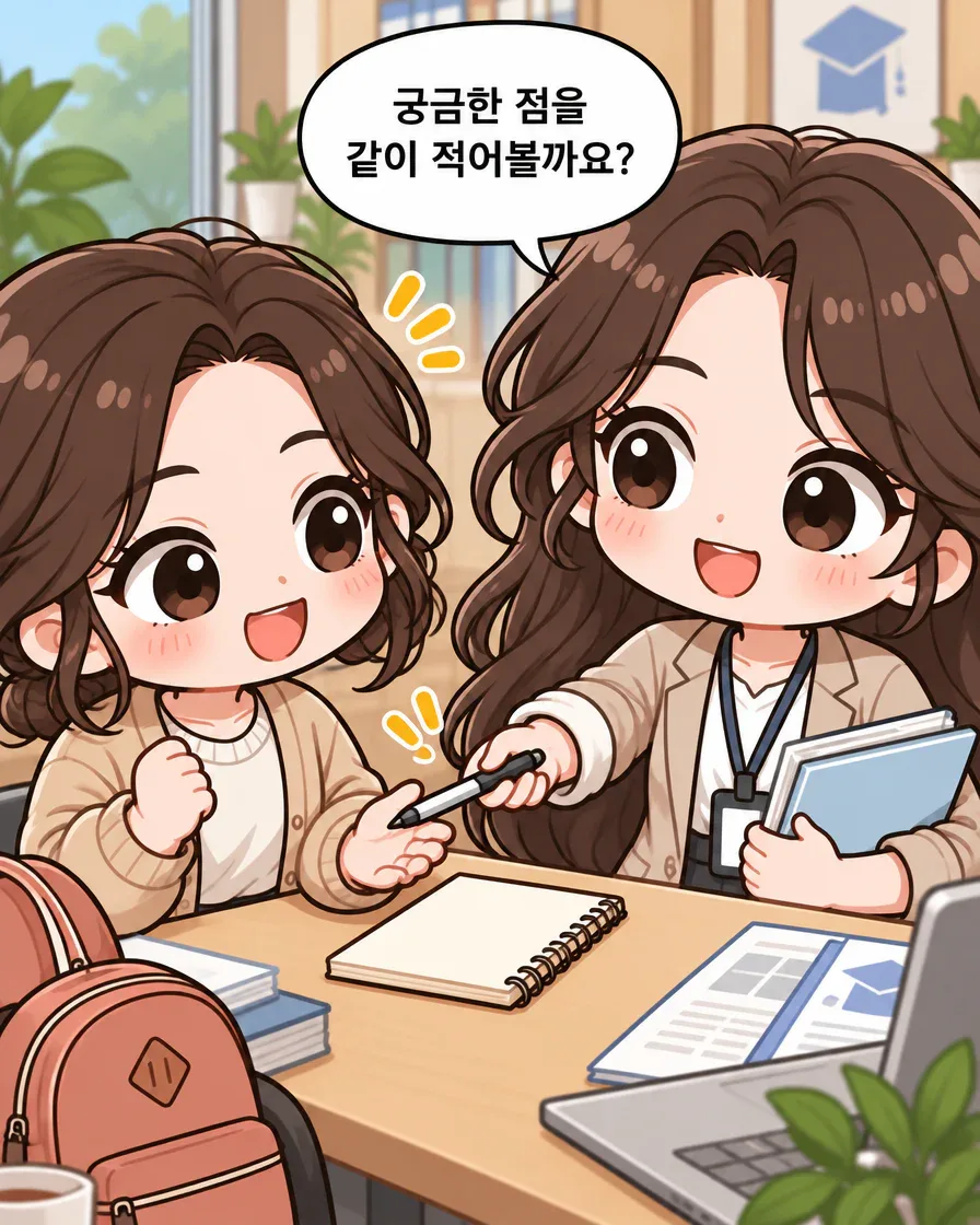 강사 다온이 민에게 펜을 건네며 궁금한 점을 함께 적자고 하는 장면