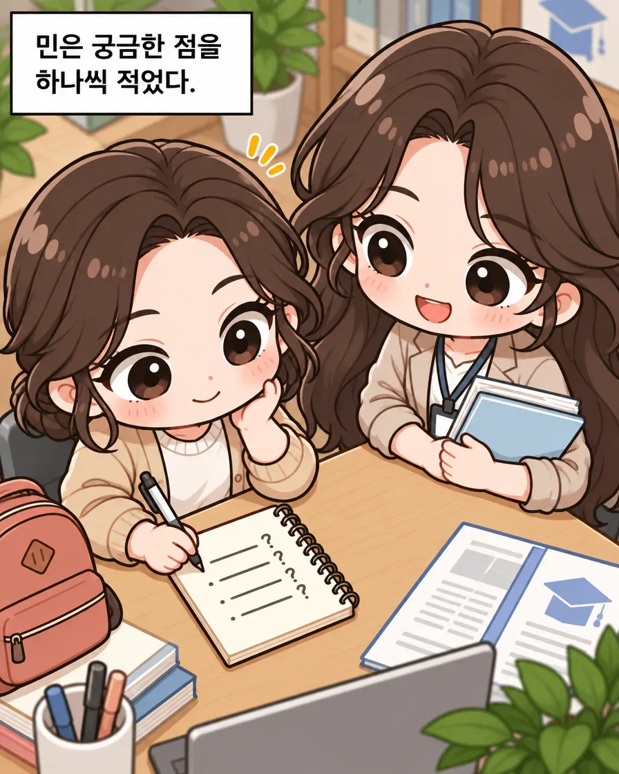 민이 노란 메모장에 궁금한 점을 하나씩 적고 다온이 곁에서 지켜보는 장면