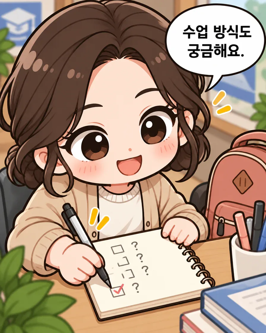 민이 메모장을 보며 수업 방식도 궁금하다고 말하는 장면