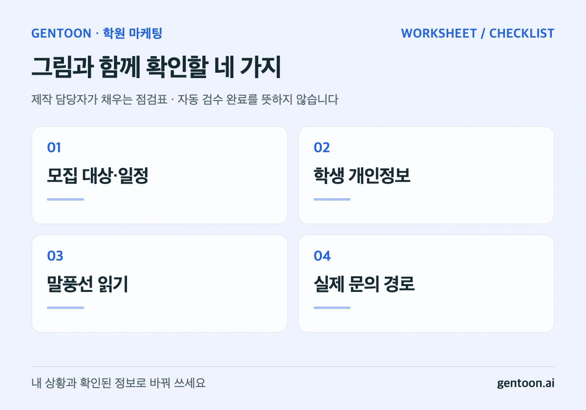 모집 대상과 일정, 학생 개인정보, 말풍선 읽기, 실제 문의 경로를 점검하는 학원 홍보 도해