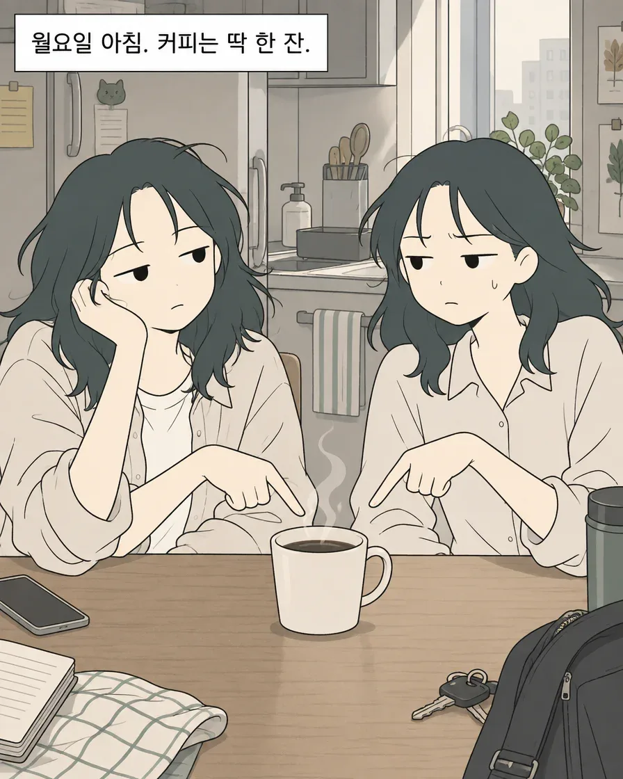 커피 한 잔을 가리키는 두 사람과 탁자 위 열쇠가 보이는 실제 첫 컷
