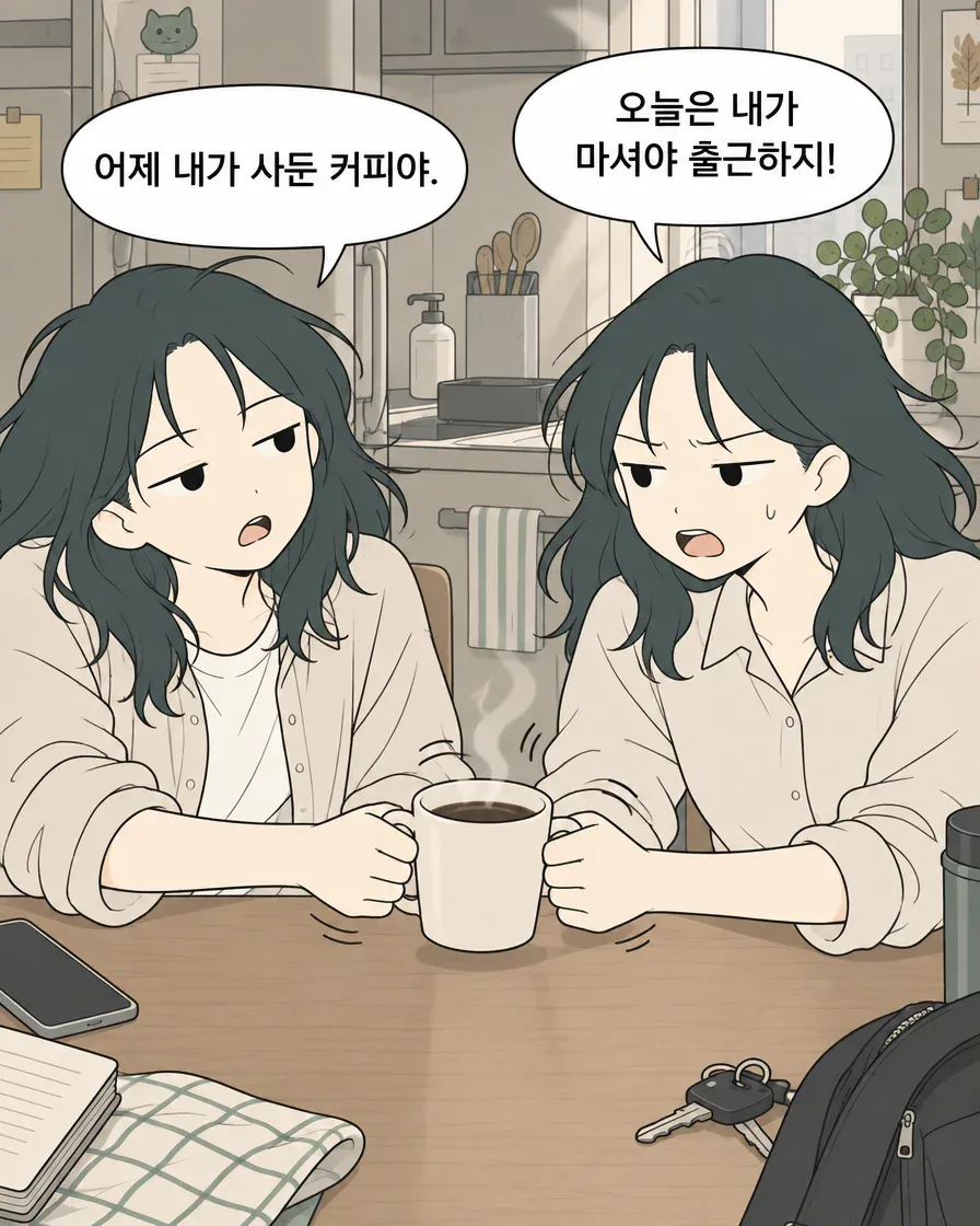 한 컵을 두고 서로 다른 이유를 말하는 실제 2컷