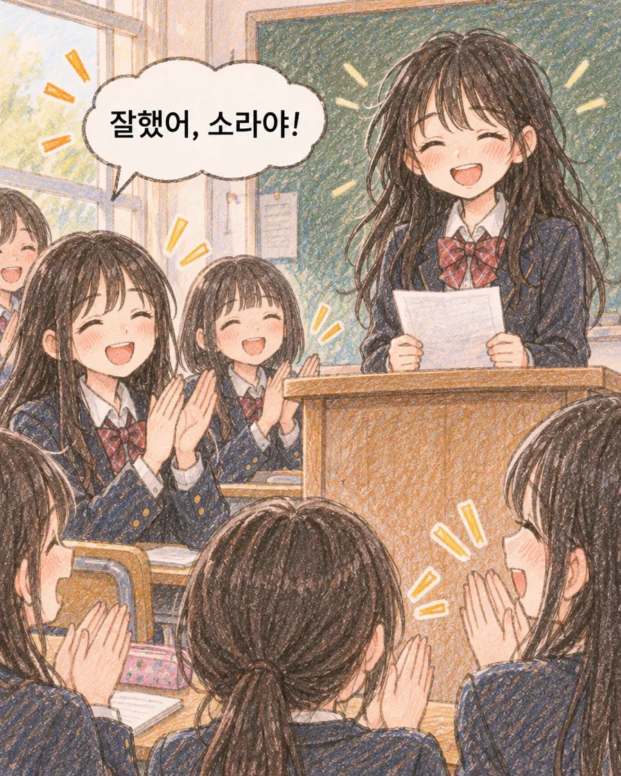친구들이 박수 치고 소라가 웃는 가상 발표 네컷의 마지막 장면