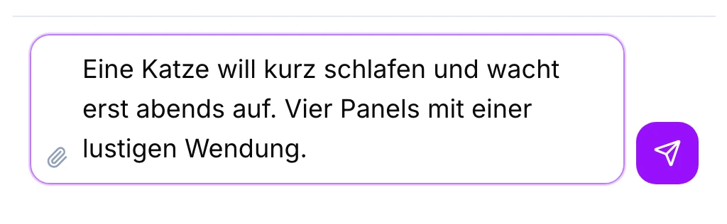 Vorhandener GenToon-Studioausschnitt mit einer deutschen Beispielanfrage zu einer Katze, vier Panels und einer lustigen Wendung.