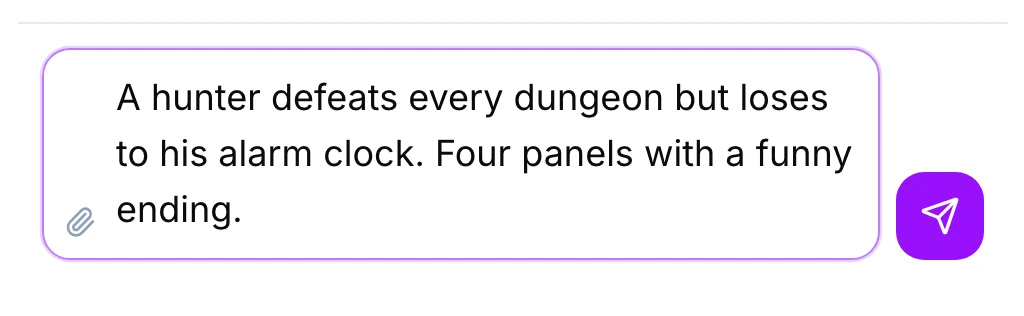 Actual GenToon story input with a separate example about a dungeon hunter losing to an alarm clock.