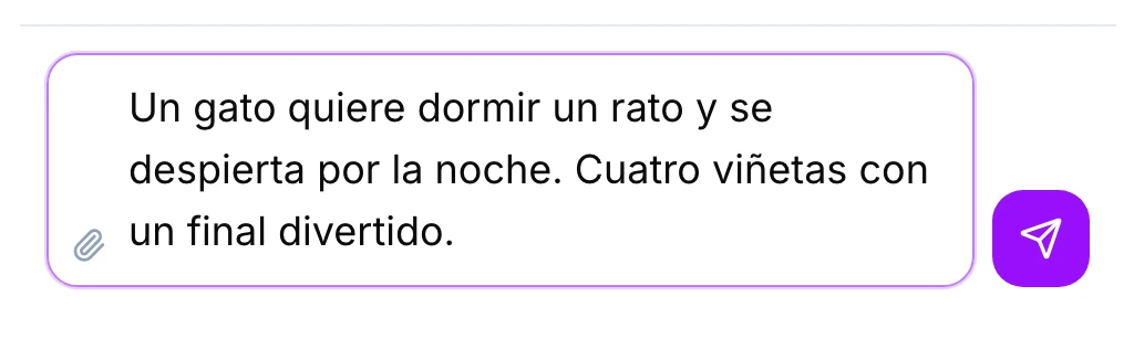 Captura real del campo de petición de GenToon con un ejemplo diferente sobre un gato que despierta de noche.