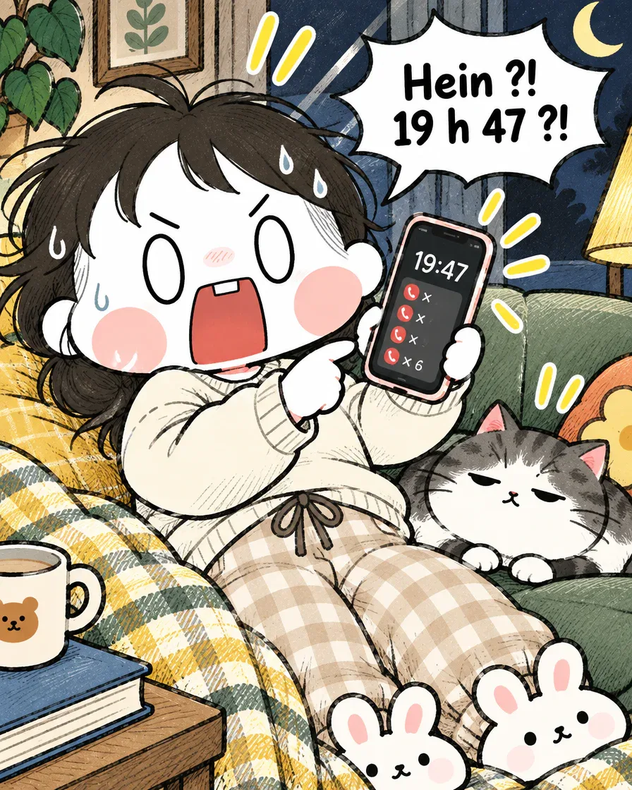 Case 3 : réveil en sursaut dans le noir, le téléphone affiche 19 h 47 et six appels manqués, bulle « Hein ?! 19 h 47 ?! »