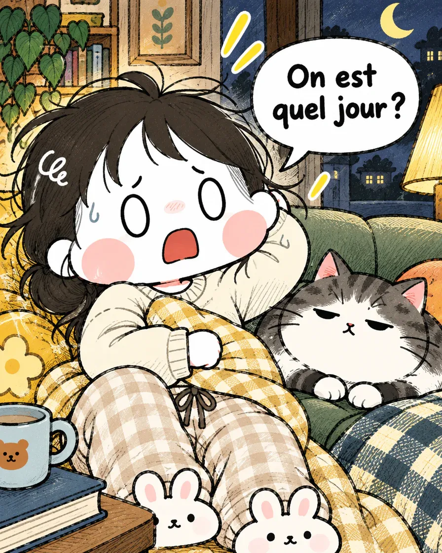 Case 4 : la nuit, l’héroïne perdue demande « On est quel jour ? » au chat qui la regarde, blasé