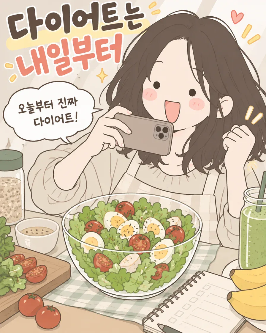 네컷만화 표지 「다이어트는 내일부터」: 샐러드 사진을 찍으며 “오늘부터 진짜 다이어트!”라고 말하는 주인공