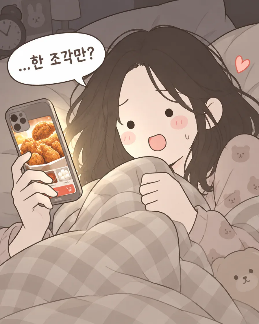 3컷: 밤 11시 이불 속에서 휴대폰 치킨 광고를 보며 “…한 조각만?”이라고 말하는 주인공