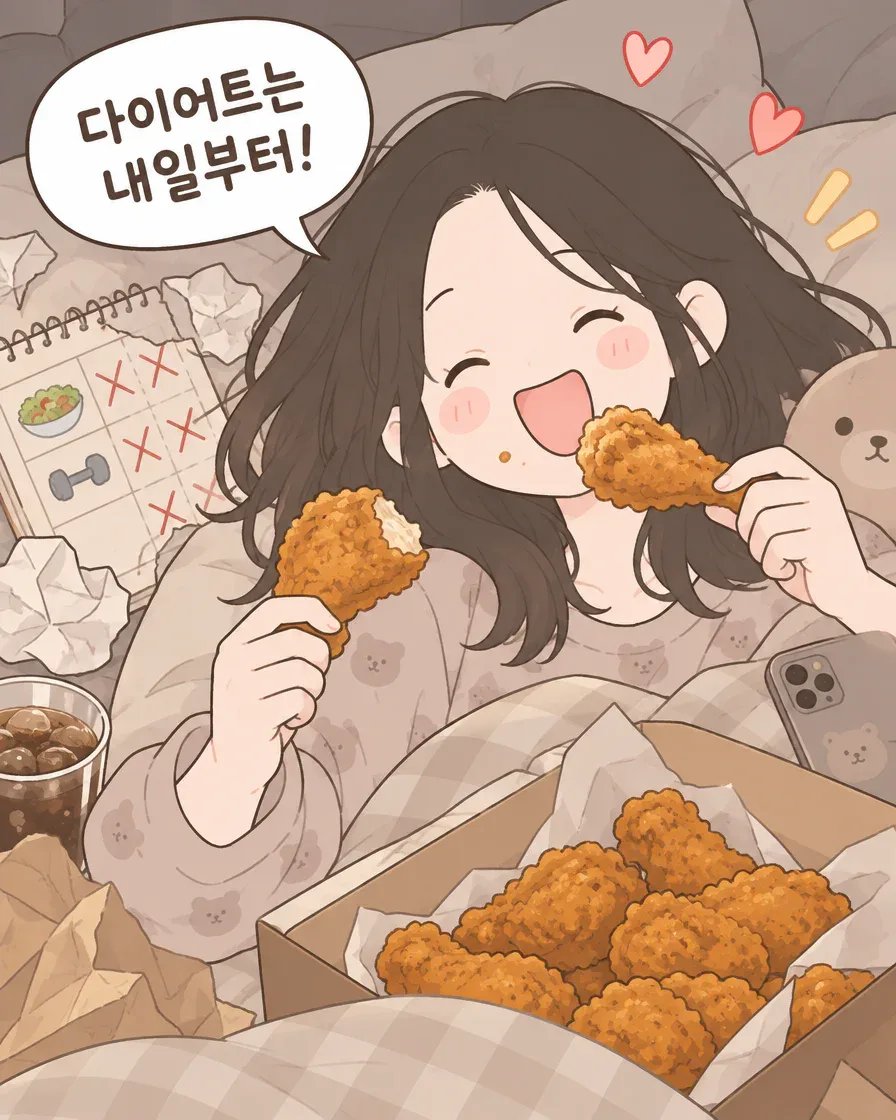 4컷: 치킨을 양손에 들고 행복하게 “다이어트는 내일부터!”라고 외치는 주인공