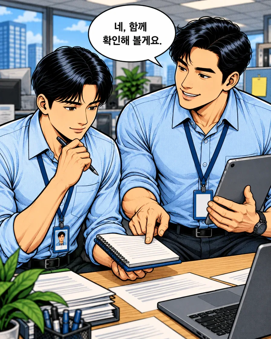 담당자가 신입사원의 노트를 짚으며 함께 확인하겠다고 말한다.