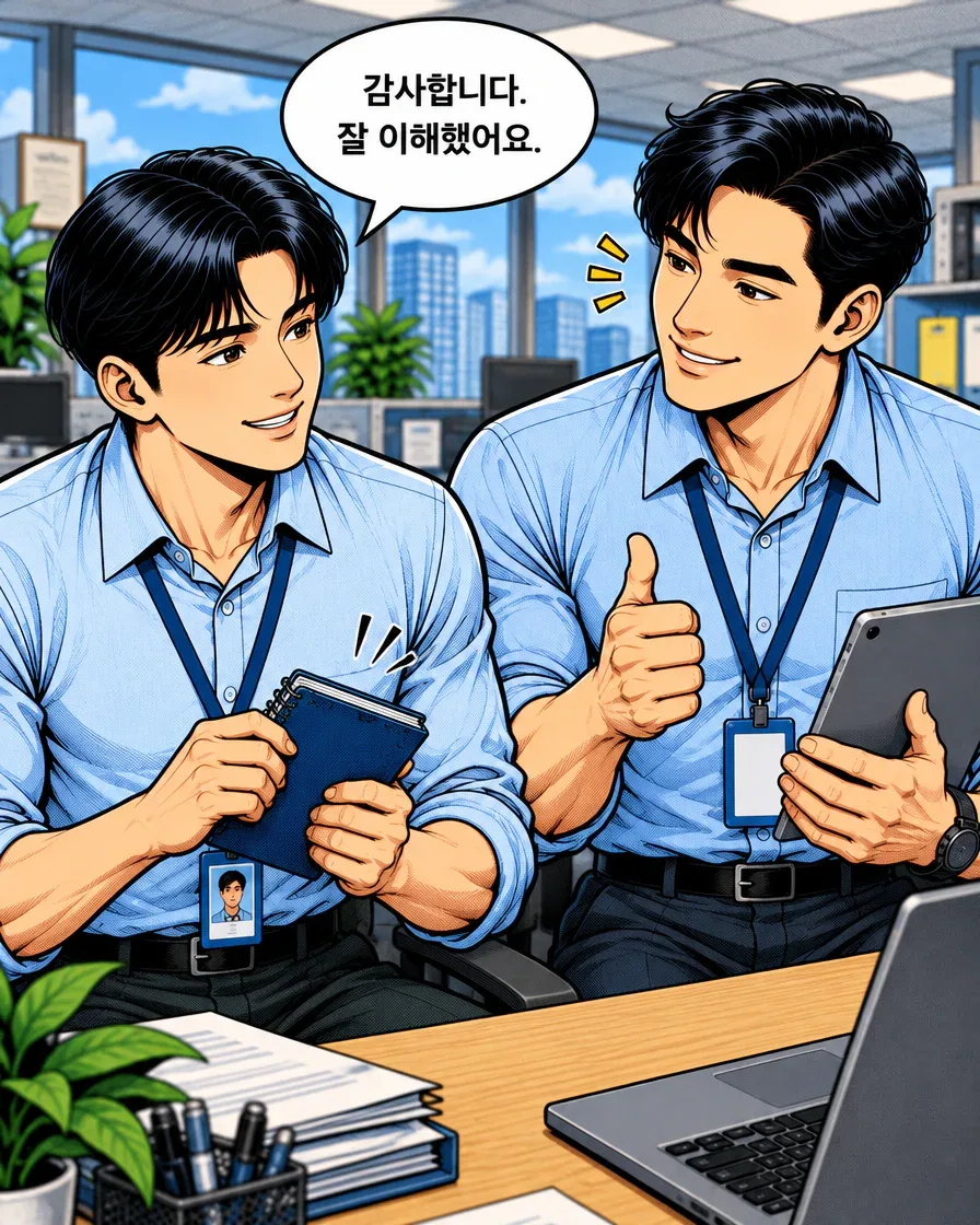 신입사원이 이해했다고 감사 인사를 하고 담당자가 미소 지으며 엄지를 든다.