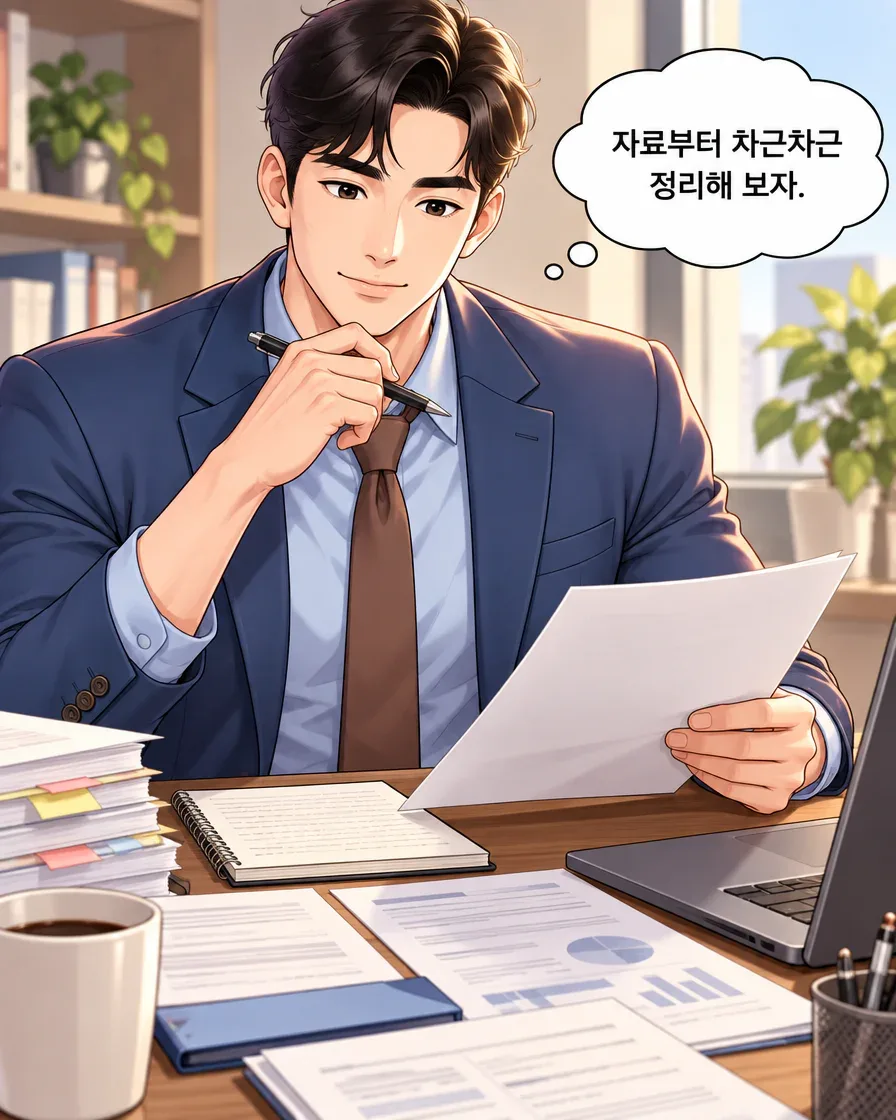 가상 방문자가 서류와 펜을 들고 책상 앞에서 자료부터 정리하겠다고 생각한다.