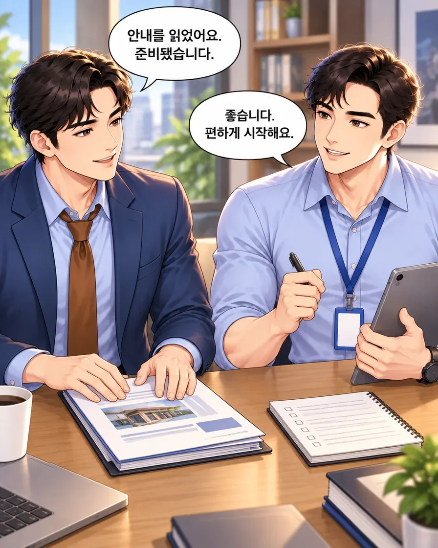 방문자가 안내를 읽고 준비됐다고 말하자 담당자가 편하게 시작하라고 응답한다.