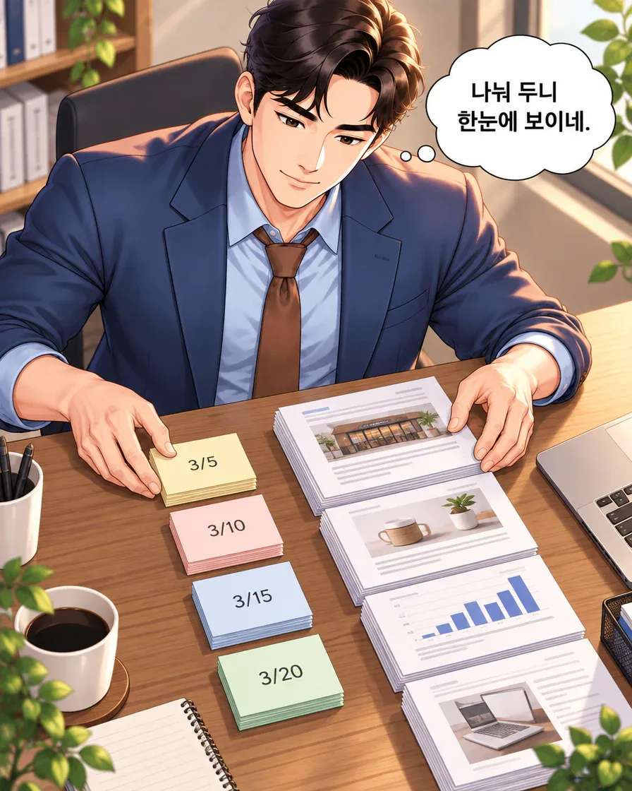 방문자가 날짜 메모와 자료 묶음을 책상에 나누어 놓는다.