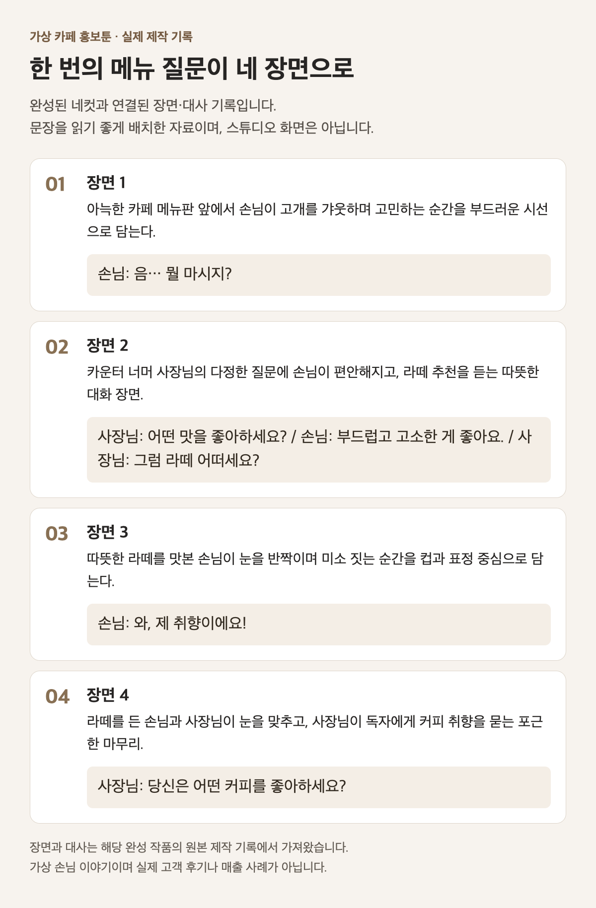 가상 카페 네컷의 원래 장면 설명과 기획 대사를 읽기 좋게 배치한 제작 기록 도해