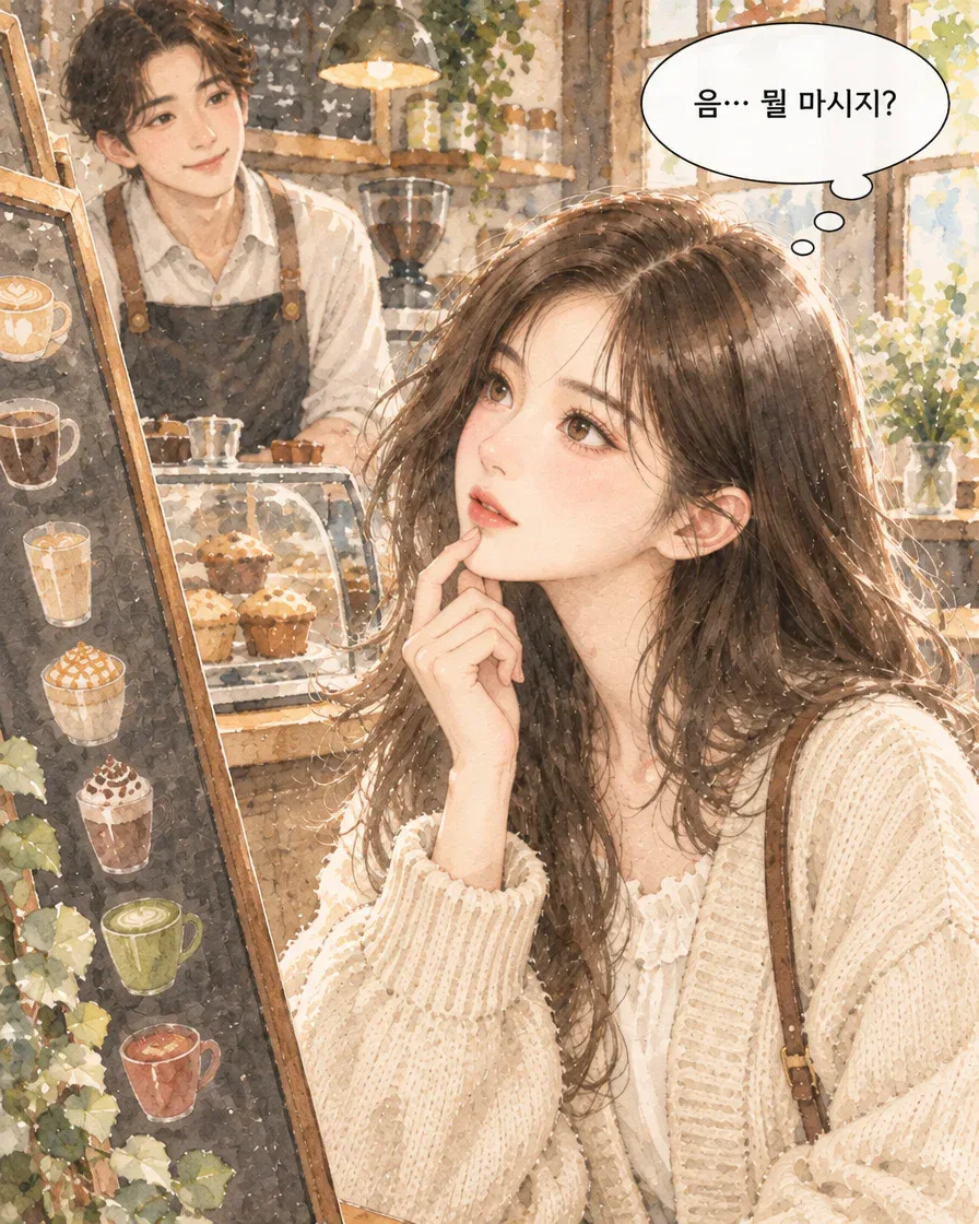 가상 카페의 메뉴판 앞에서 무엇을 마실지 망설이는 손님