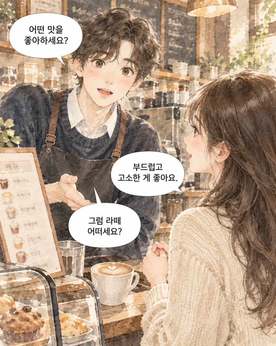 사장이 손님의 취향을 묻고 부드럽고 고소한 맛을 원하는 손님에게 라떼를 권하는 두 번째 컷
