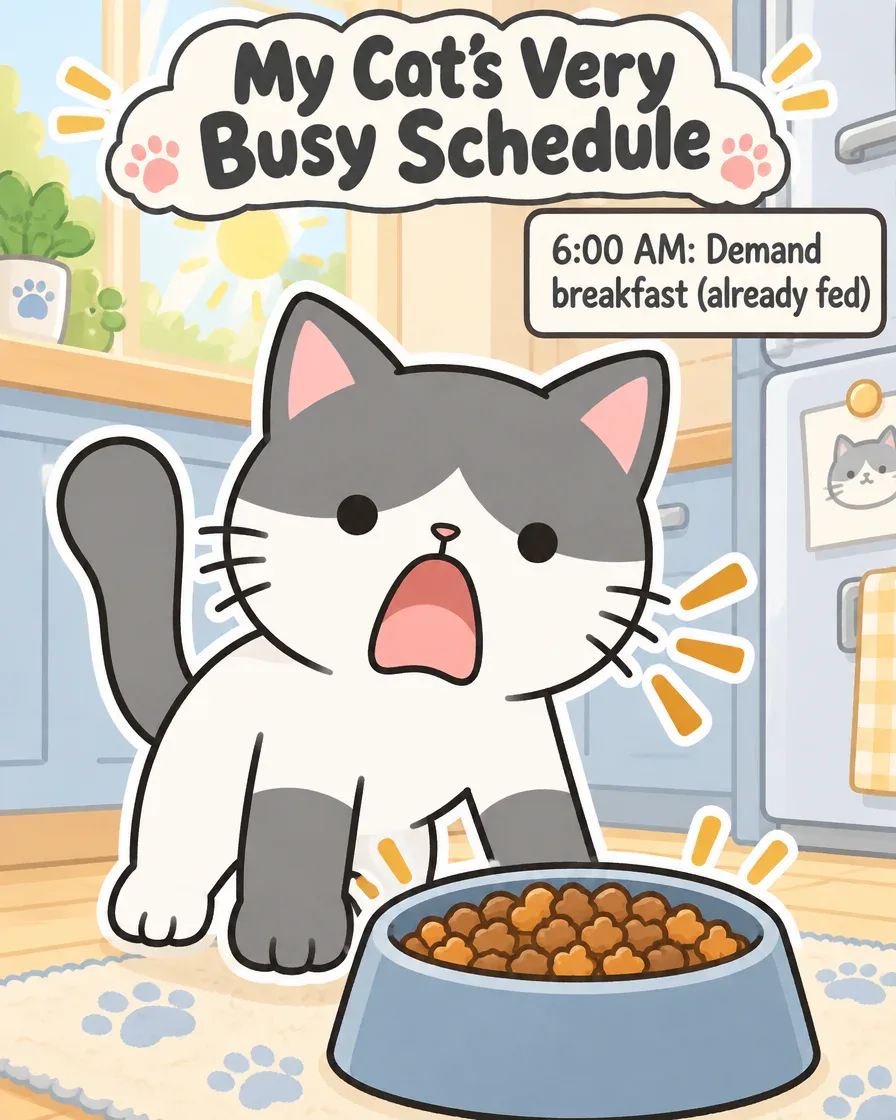 Comic cover titled My Cat’s Very Busy Schedule: a gray and white cat yelling next to a full food bowl, caption 6:00 AM: Demand breakfast (already fed)