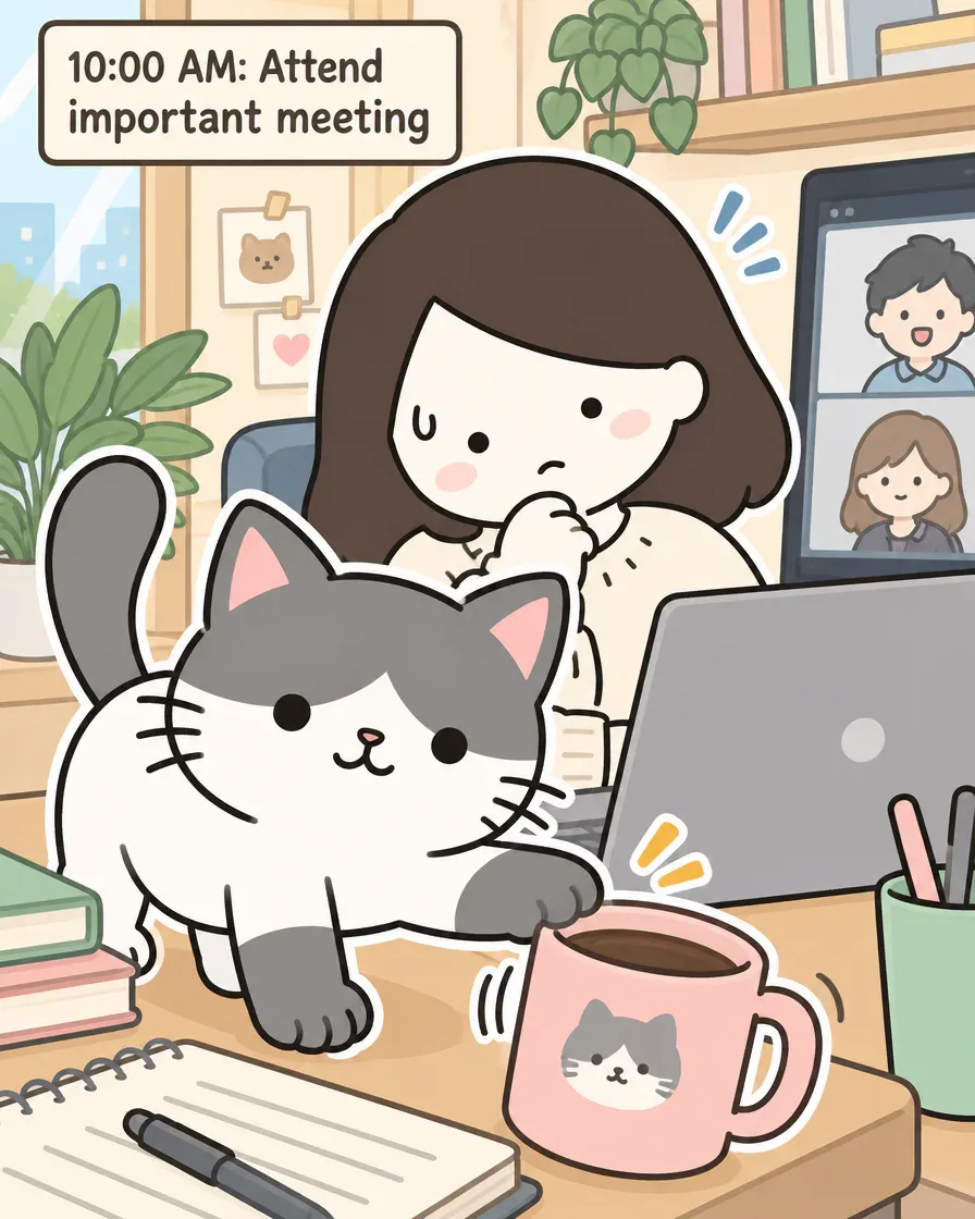 Panel 2: a gray and white cat pushes a pink mug toward the edge of the desk during its owner’s video call, caption 10:00 AM: Attend important meeting