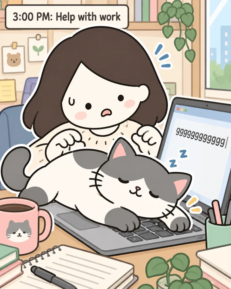 Panel 3: the cat asleep on a laptop keyboard while the screen fills with the letter g, caption 3:00 PM: Help with work