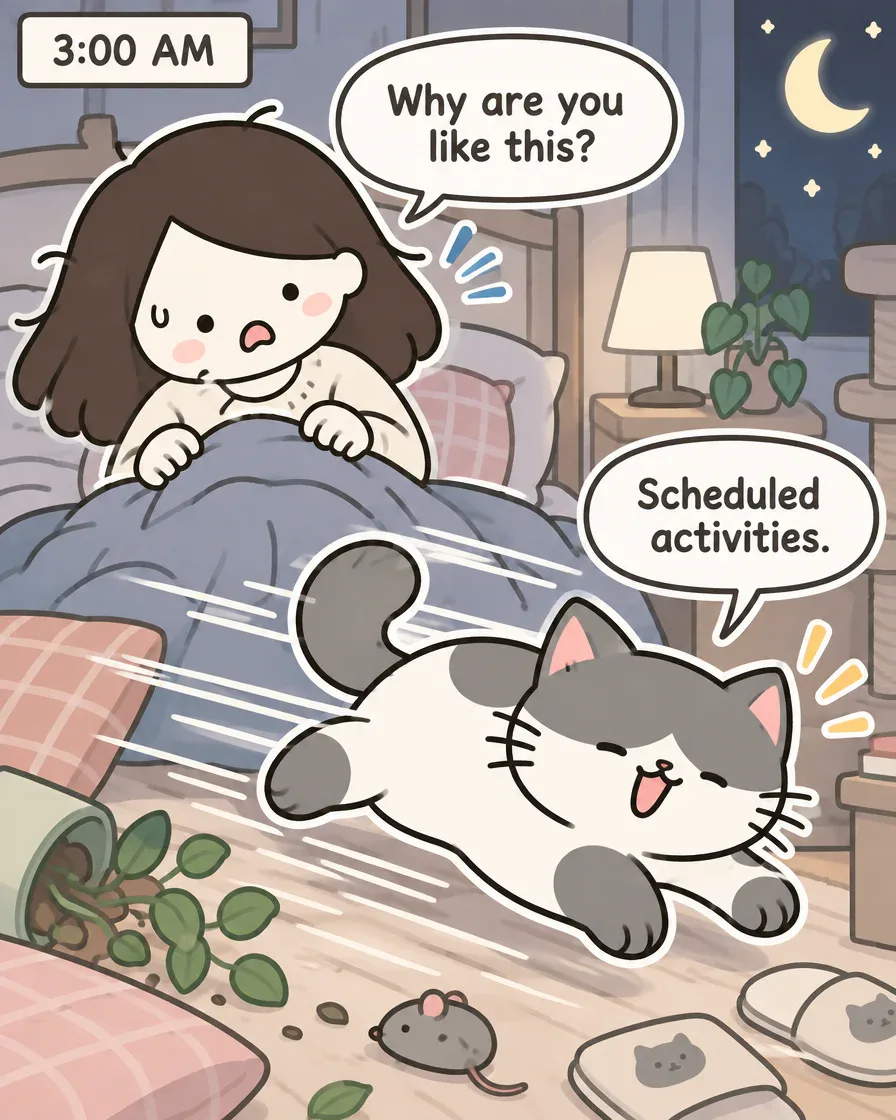 Panel 4: at 3:00 AM the cat zooms across a dark bedroom while the owner asks Why are you like this? and the cat answers Scheduled activities.