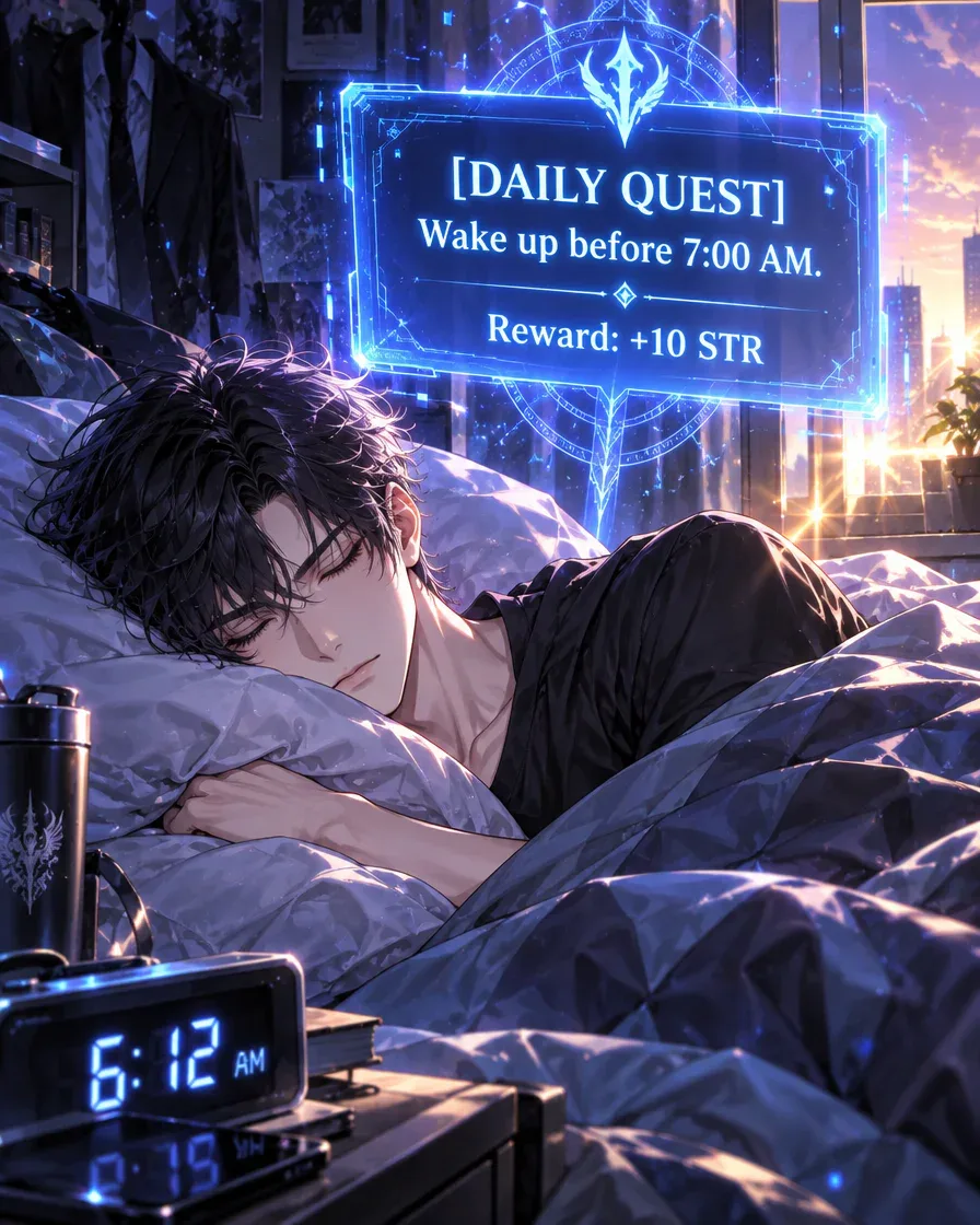 Manhwa-style panel: a sleeping hunter under a glowing blue quest window that says Daily Quest: wake up before 7:00 AM
