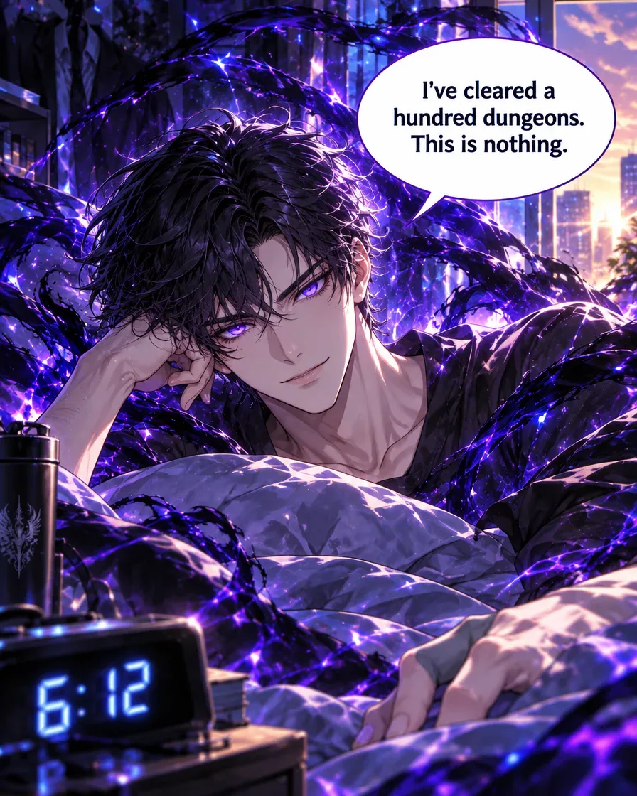 Panel 2: the hunter opens glowing violet eyes surrounded by dark mana and says I’ve cleared a hundred dungeons. This is nothing.
