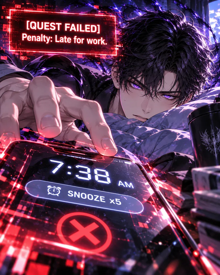 Panel 3: close-up of a phone showing 7:38 AM and Snooze x5 under a red Quest Failed window