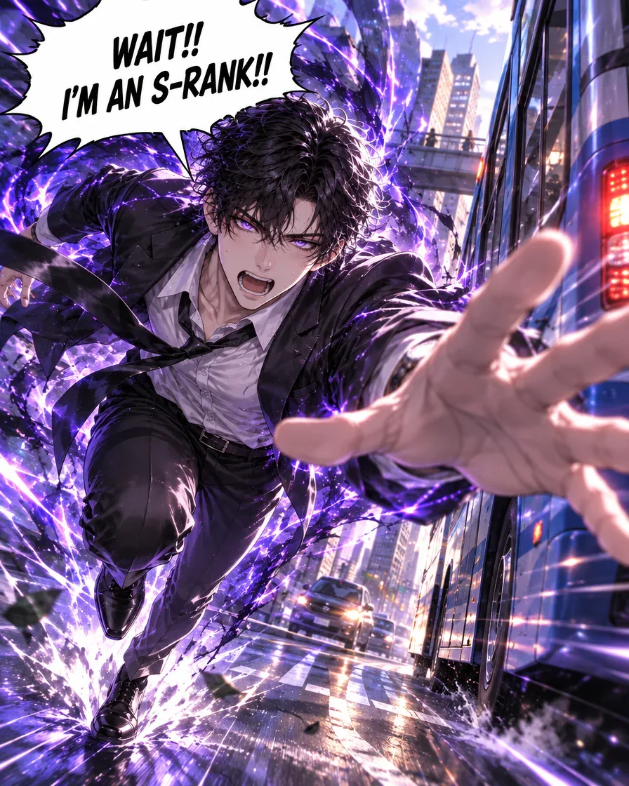 Panel 4: the hunter sprints after a departing bus with violet mana effects, shouting WAIT!! I’M AN S-RANK!!
