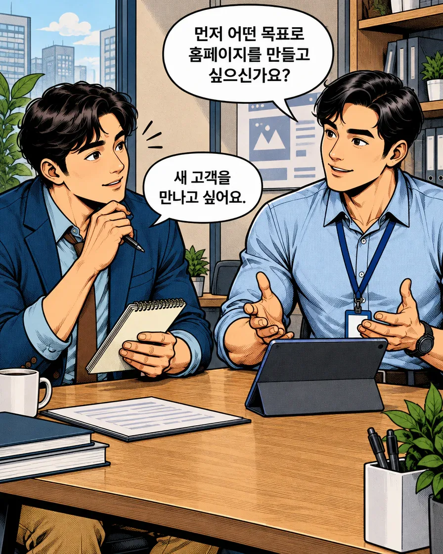 가상 홈페이지 상담의 담당자가 제작 목표를 묻고 방문자가 새 고객을 만나고 싶다고 답하는 두 번째 컷