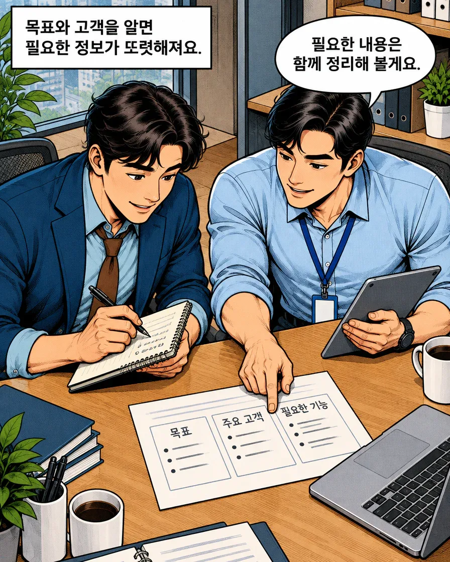 가상 상담의 두 사람이 목표·주요 고객·필요한 기능을 적은 문서를 함께 정리하는 세 번째 컷