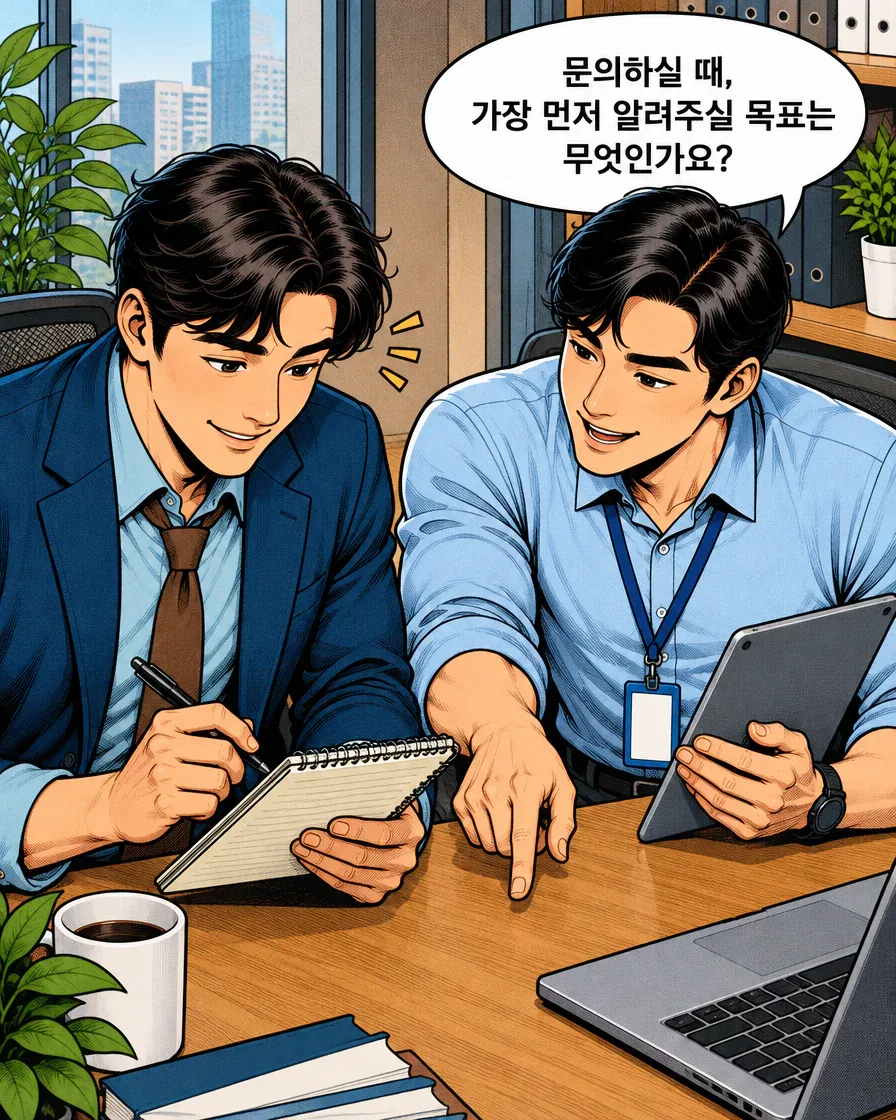 담당자가 방문자에게 문의할 때 먼저 알려줄 목표를 묻는 가상 홈페이지 상담의 마지막 컷