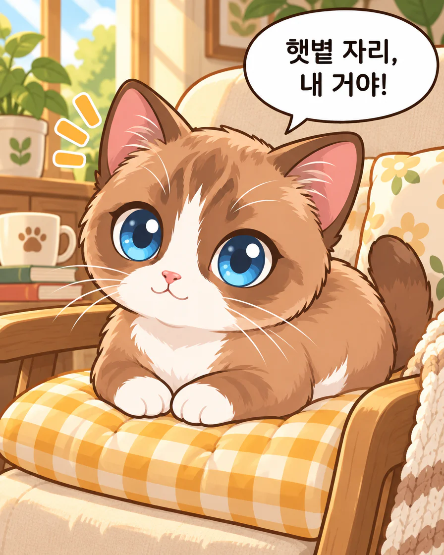 햇볕 의자를 차지한 Browny가 햇볕 자리, 내 거야라고 말하는 실제 한국어 첫 컷