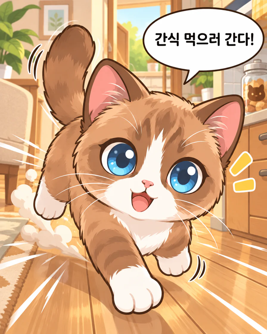 파란 눈과 흰 발의 Browny가 간식 먹으러 간다며 달리는 실제 한국어 세 번째 컷