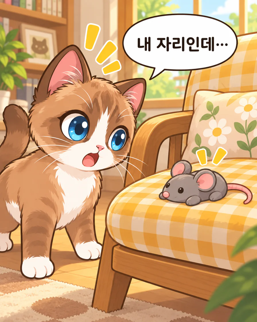 의자를 차지한 장난감 쥐를 보고 Browny가 내 자리인데라고 말하는 실제 한국어 네 번째 컷