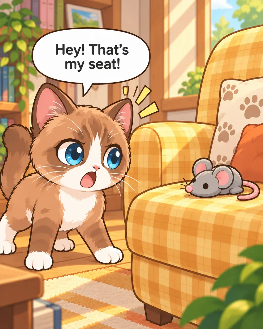 Actual fourth English panel showing Browny protesting at the toy mouse on the chair