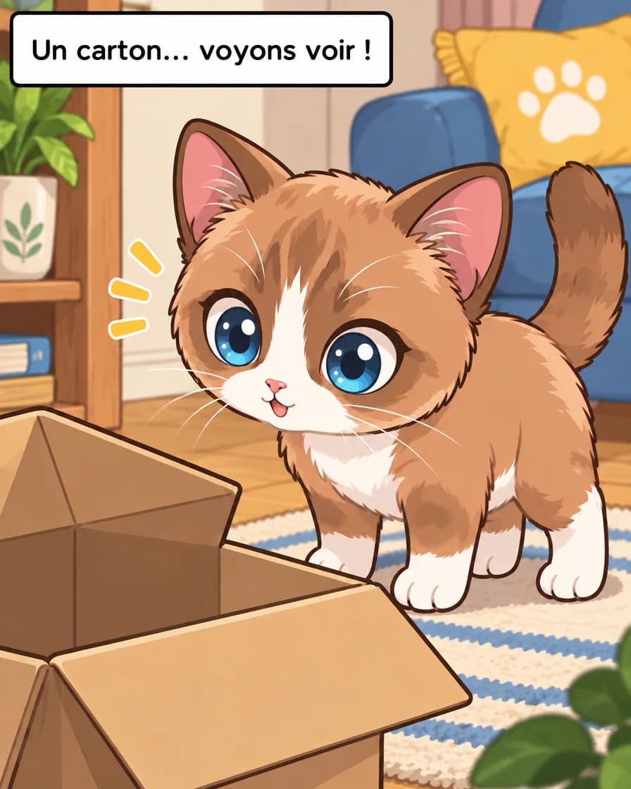 Browny, chat brun aux yeux bleus, regarde un carton ouvert avec ses pattes sur le tapis ; encadré « Un carton... voyons voir ! »