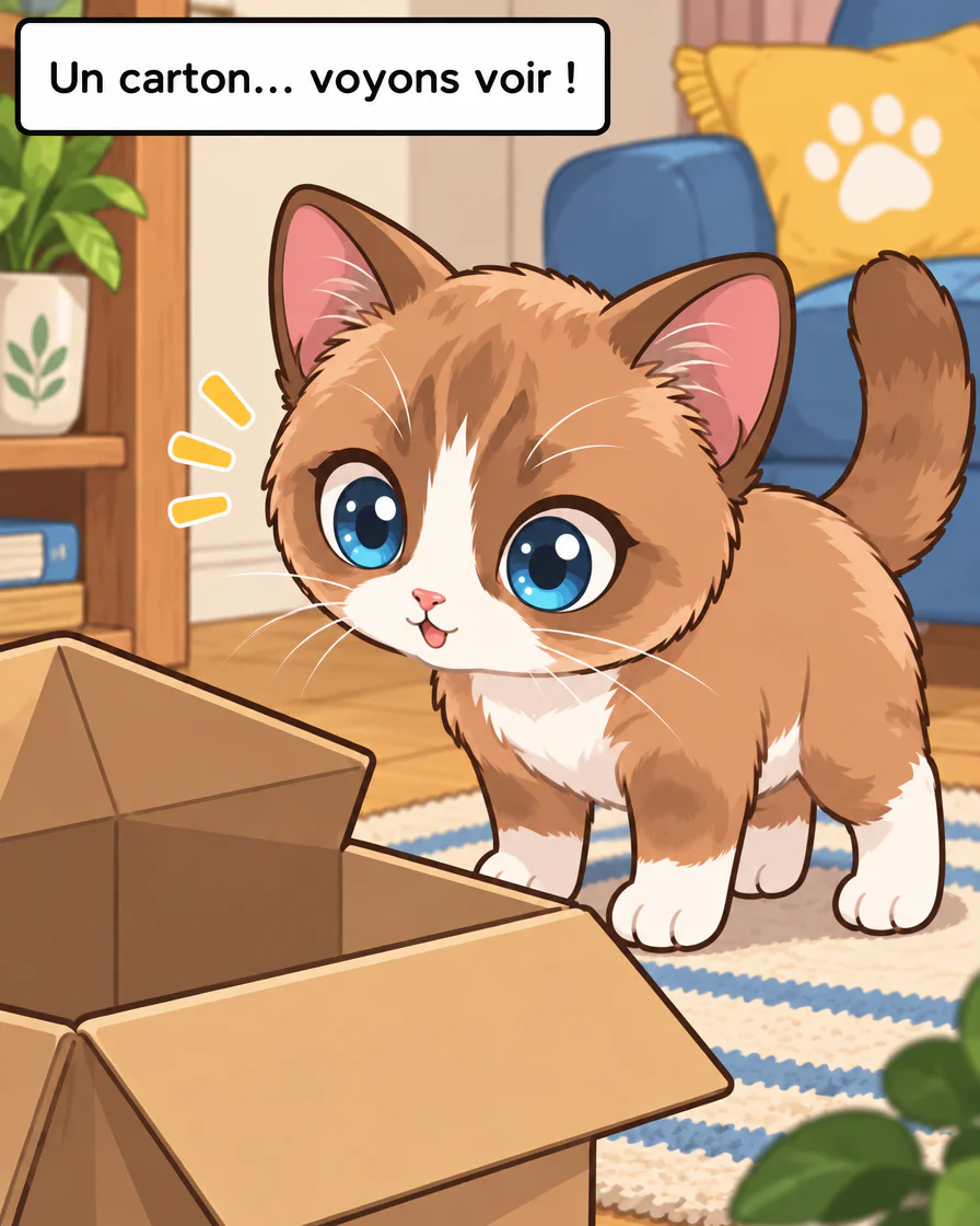 Browny, chat brun aux yeux bleus, regarde un carton ouvert avec ses pattes avant sur le tapis.