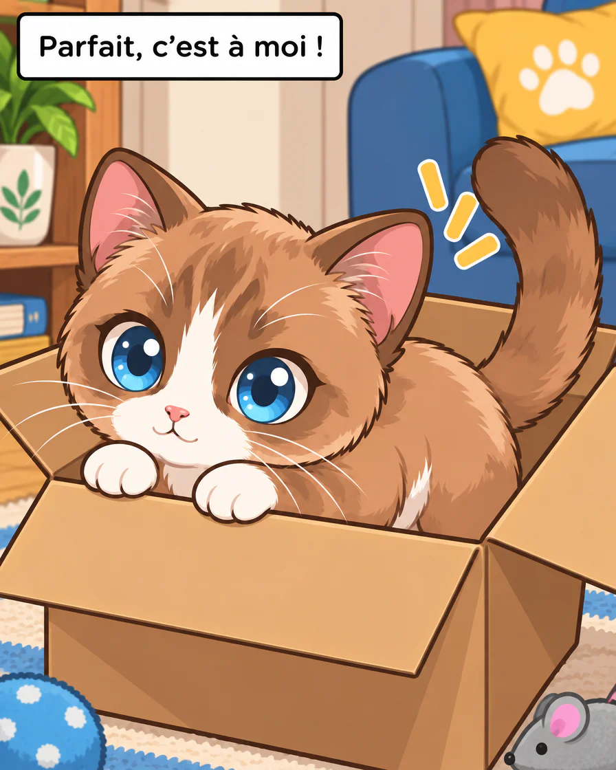 Browny est installé dans le carton, tête et deux pattes avant visibles au bord, queue relevée ; encadré « Parfait, c’est à moi ! »