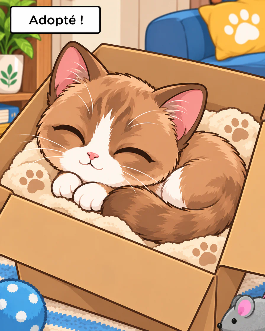 Browny repose en boule, les yeux fermés, dans le carton sur un coussin clair à motifs de pattes ; encadré « Adopté ! »