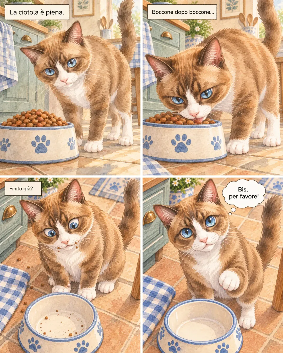 Le quattro vignette originali: il gatto trova il cibo, mangia, osserva la ciotola quasi vuota e pensa al bis.