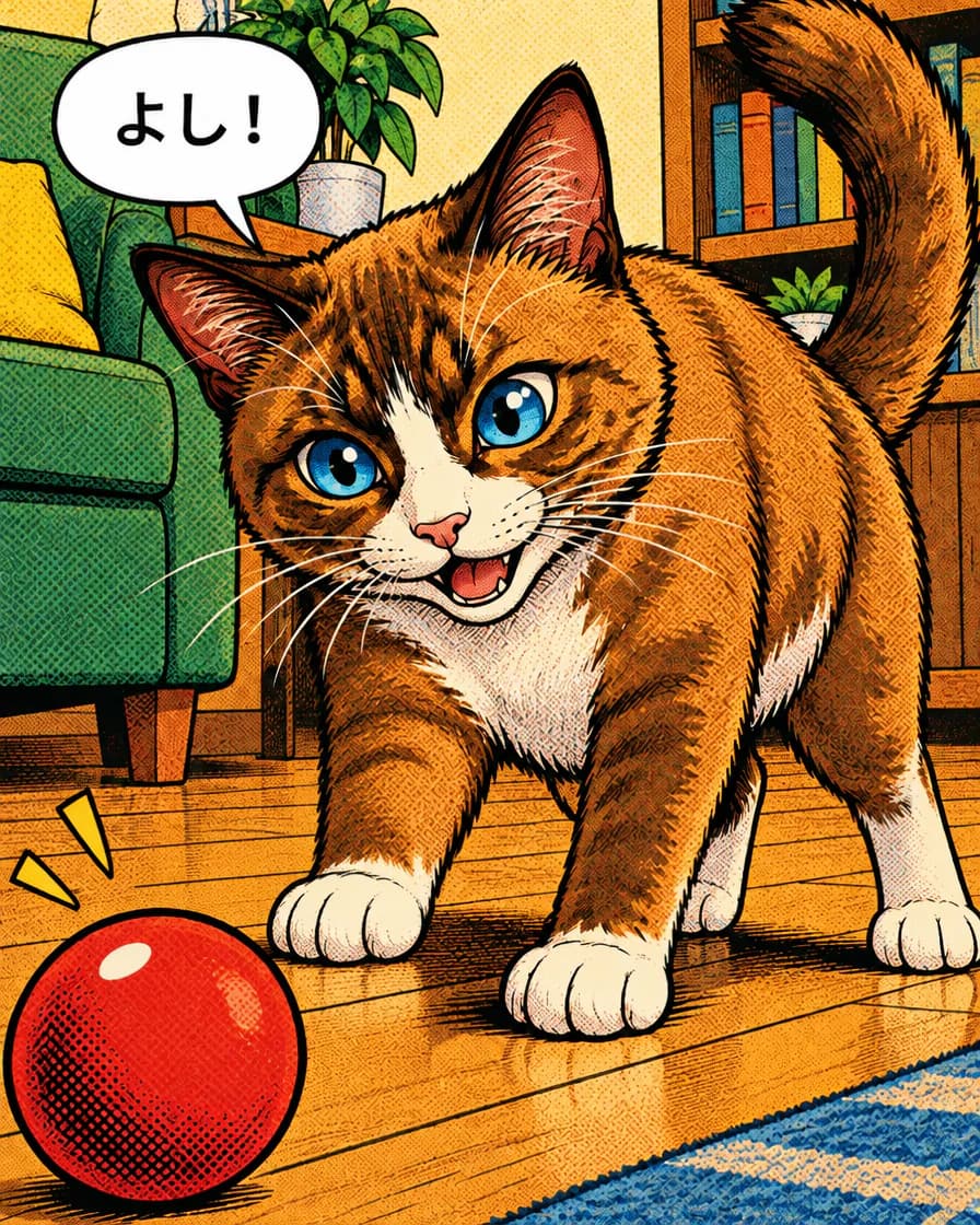 青い目と白い胸の茶白の猫。床についた前足と赤いボールの間にすき間があり、吹き出しは「よし!」。