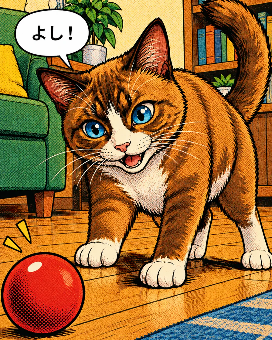 青い目と白い胸の茶白の猫。床についた前足と赤いボールの間にすき間があり、吹き出しは「よし!」。